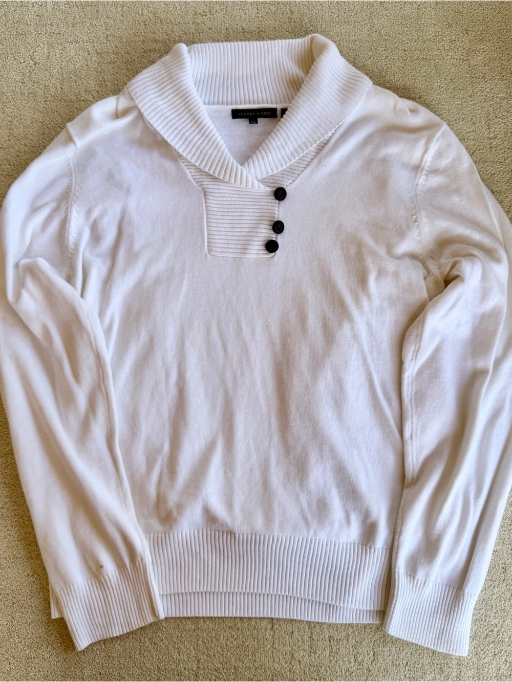 JEANNE PIERRE White V-Neck Shawl-Collar Sweater with Button Placket